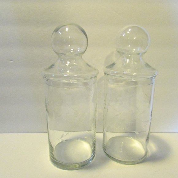 set vtg clear glass etched tall apothecary jars ball shaped lids grandmacore - Picture 7 of 13